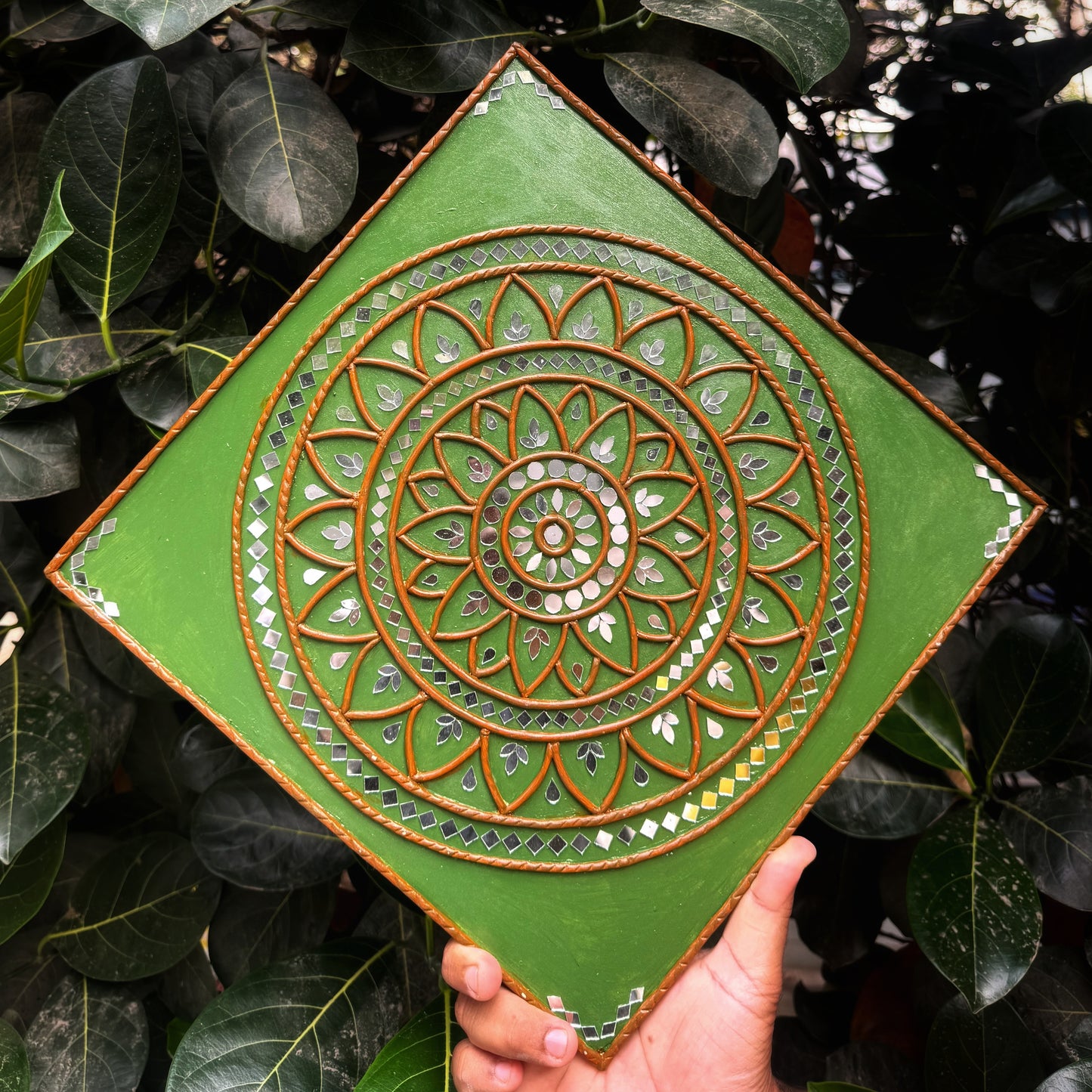 Green Mandala Lippan Art with Mirror Work